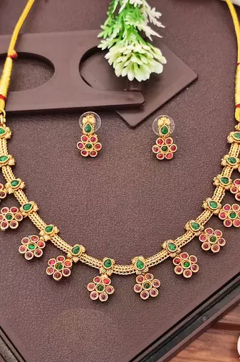 Floral inspired necklace set, high gold polish traditional green & red temple jewelry