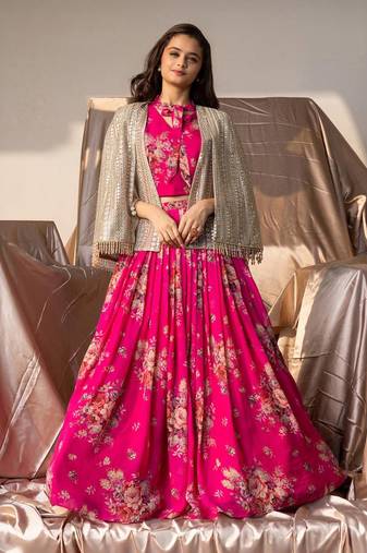 Fashional Georgette Embroidery Rani Pink Readymade Koti Lehenga Choli