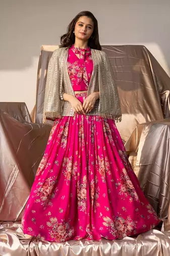 Fashional Georgette Embroidery Rani Pink Readymade Koti Lehenga Choli