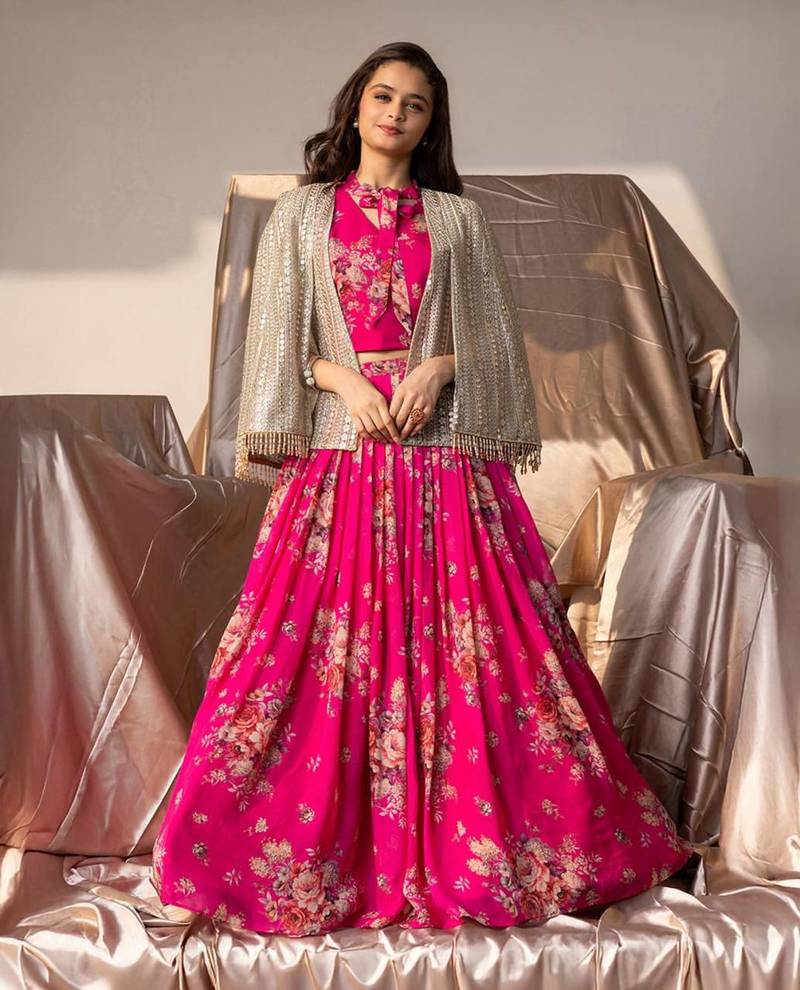 Fashional Georgette Embroidery Rani Pink Readymade Koti Lehenga Choli