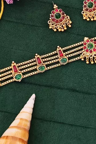High gold polish choker necklace set, antique mehendi finish, red & green stone bridal jewelry for her