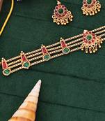 High gold polish choker necklace set, antique mehendi finish, red & green stone bridal jewelry for her