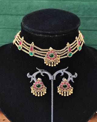 High gold polish choker necklace set, antique mehendi finish, red & green stone bridal jewelry for her 3