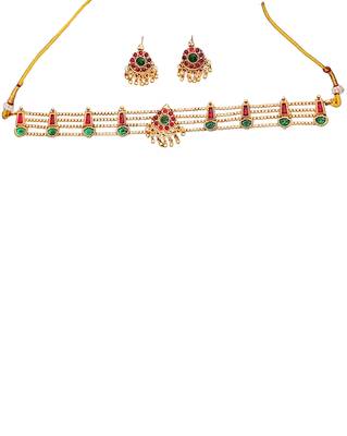 High gold polish choker necklace set, antique mehendi finish, red & green stone bridal jewelry for her 4