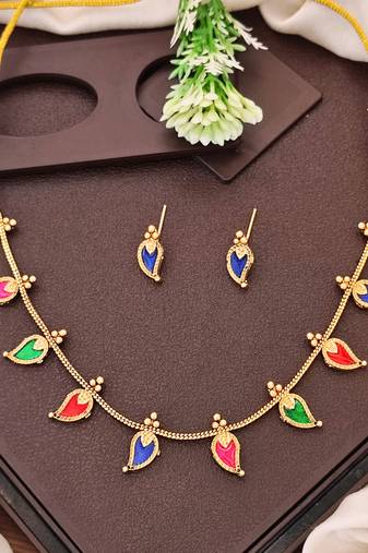 Multi-color meenakari leaf Palakka necklace set, high gold polish lightweight jewelry