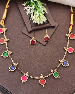 Multi-color square stone palakka necklace set, high gold polish. trendy ethnic jewelry 1