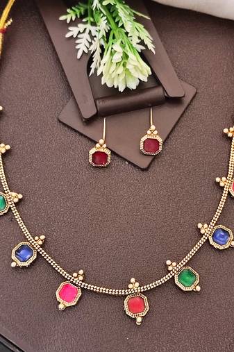Multi-color square stone palakka necklace set, high gold polish. trendy ethnic jewelry