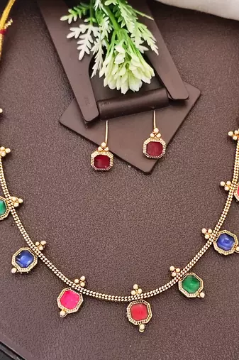 Multi-color square stone palakka necklace set, high gold polish. trendy ethnic jewelry