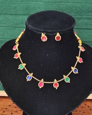 Multi-color square stone palakka necklace set, high gold polish. trendy ethnic jewelry 3