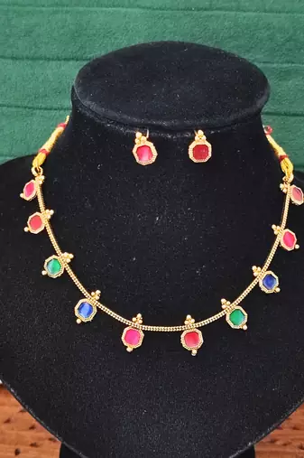 Multi-color square stone palakka necklace set, high gold polish. trendy ethnic jewelry