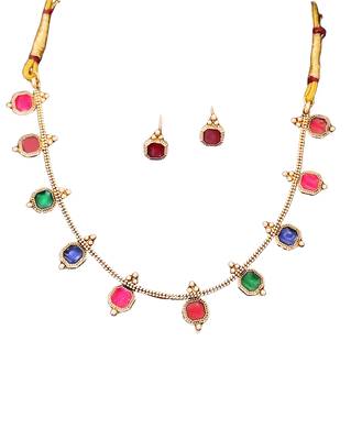 Multi-color square stone palakka necklace set, high gold polish. trendy ethnic jewelry 4