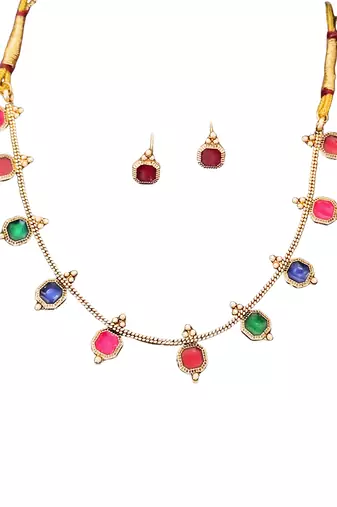 Multi-color square stone palakka necklace set, high gold polish. trendy ethnic jewelry