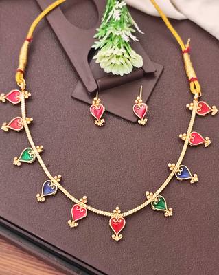 Meenakari heart shapd palakka necklace set, high gold polish, multicolor enamel jewelry 1