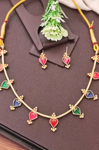 Meenakari heart shapd palakka necklace set, high gold polish, multicolor enamel jewelry