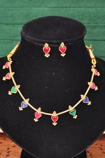 Meenakari heart shapd palakka necklace set, high gold polish, multicolor enamel jewelry