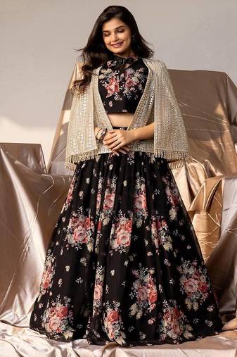Fashional Georgette Embroidery Black Readymade Koti Lehenga Choli