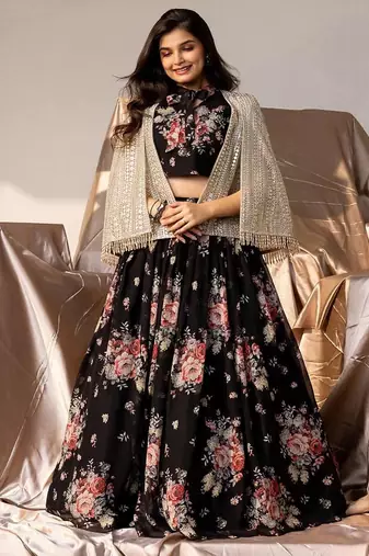 Fashional Georgette Embroidery Black Readymade Koti Lehenga Choli