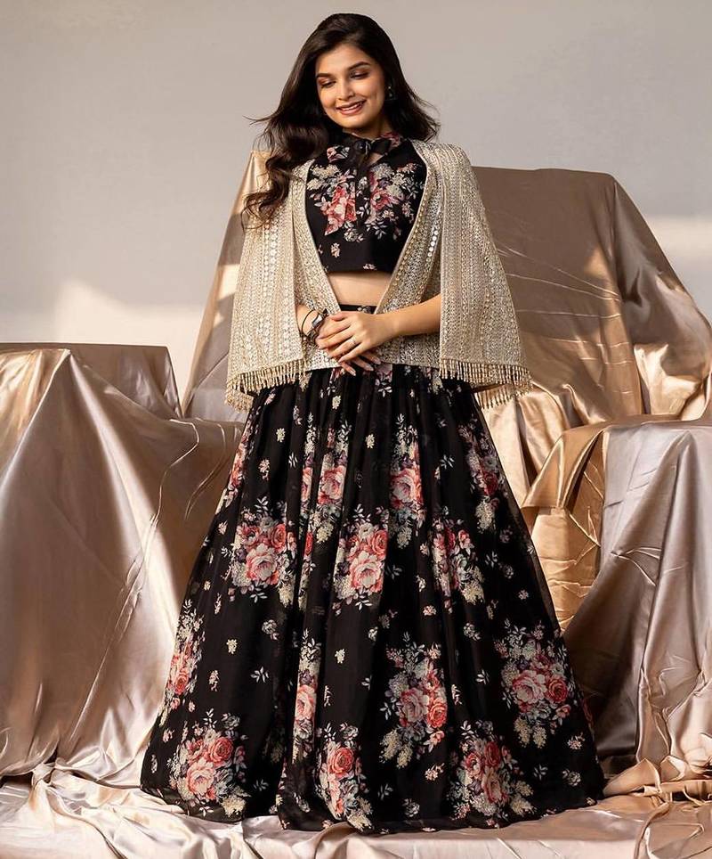 Fashional Georgette Embroidery Black Readymade Koti Lehenga Choli