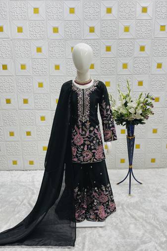 Unique Chinon Silk Embroidery Black Readymade Salwar Suit