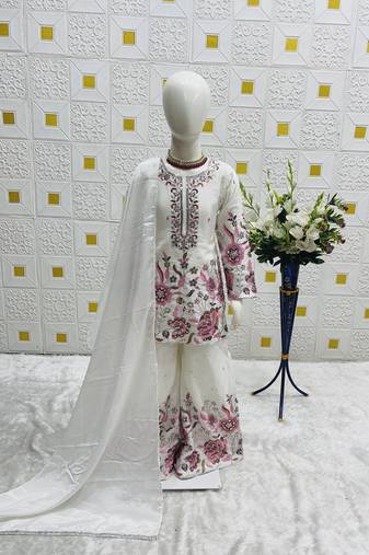Unique Chinon Silk Embroidery Off White Readymade Salwar Suit