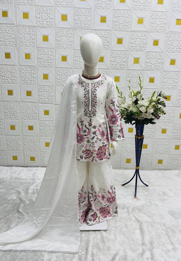 Unique Chinon Silk Embroidery Off White Readymade Salwar Suit