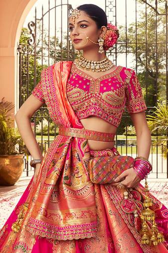 rani pink banarasi silk woven zarkan cut work embroidered lehenga choli