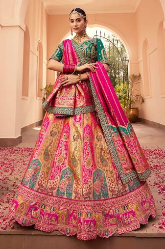 multicolor banarasi silk woven zarkan cut work embroidered lehenga choli