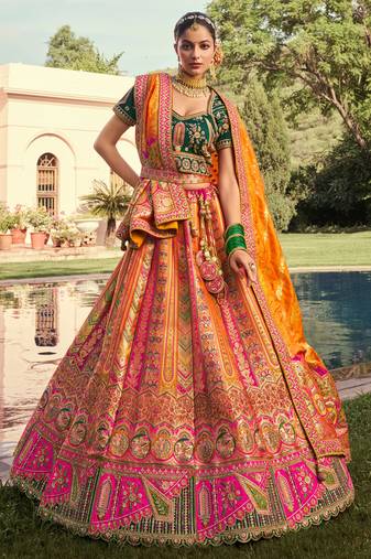 mustard banarasi silk woven zarkan cut work embroidered lehenga choli