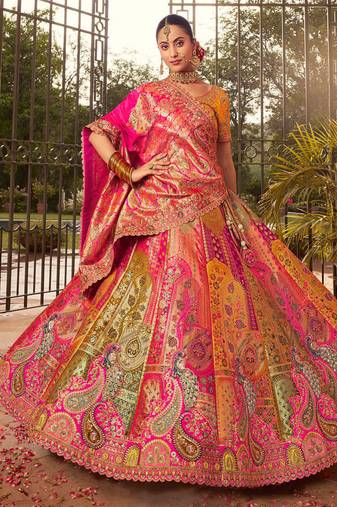 multicolor banarasi silk woven zarkan cut work embroidered lehenga choli
