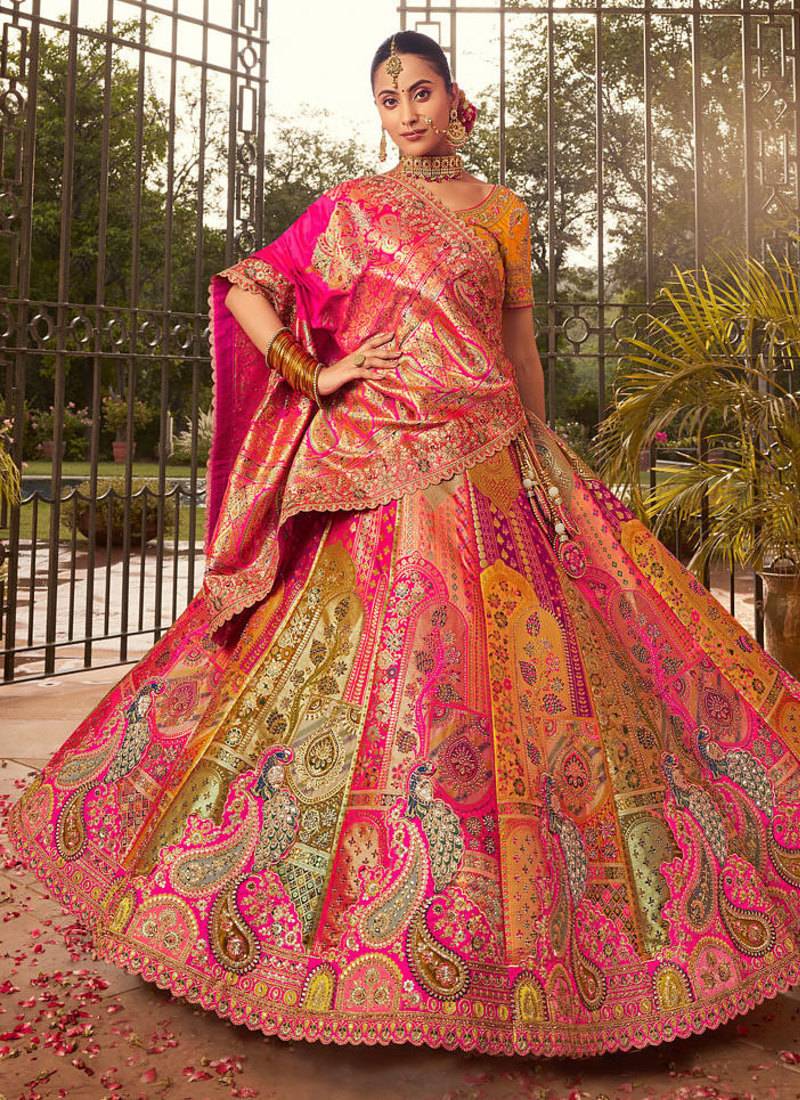 multicolor banarasi silk woven zarkan cut work embroidered lehenga choli