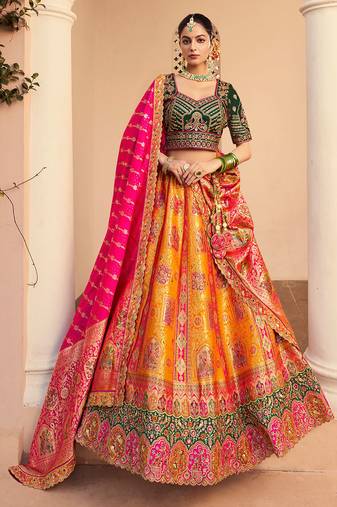 mustard banarasi silk woven zarkan cut work embroidered lehenga choli