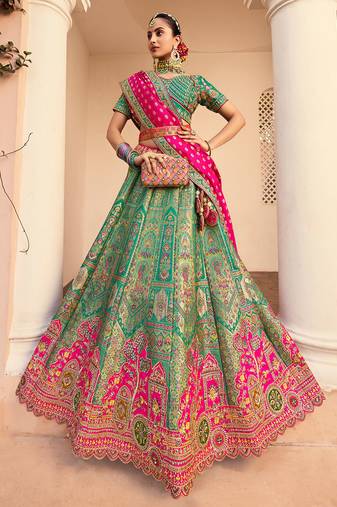 rama green banarasi silk woven zarkan cut work embroidered lehenga choli