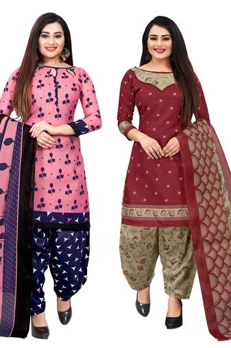 Multicolor cotton blend printed unstitched salwar suit material combo of 2