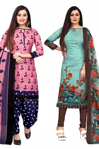 Multicolor cotton blend printed unstitched salwar suit material combo of 2