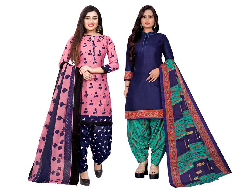 Multicolor cotton blend printed unstitched salwar suit material combo of 2