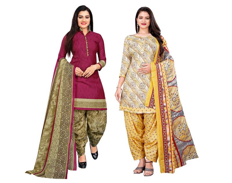Multicolor cotton blend printed unstitched salwar suit material combo of 2