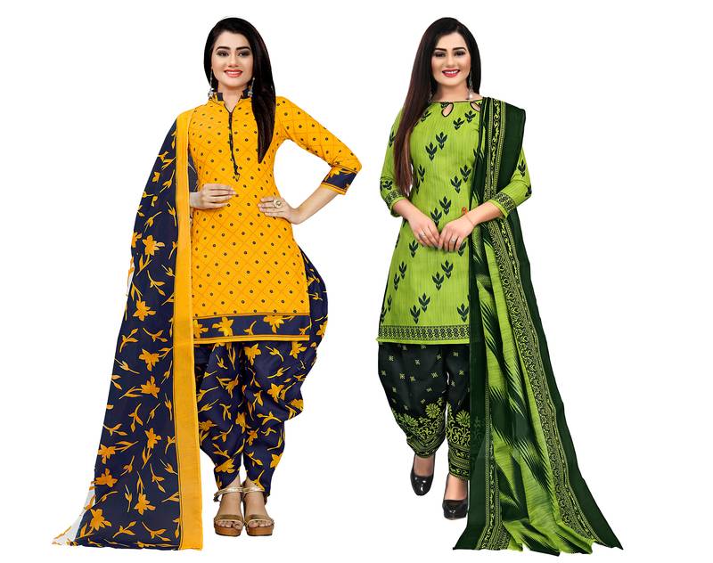 Multicolor cotton blend printed unstitched salwar suit material combo of 2