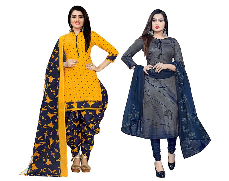Multicolor cotton blend printed unstitched salwar suit material combo of 2