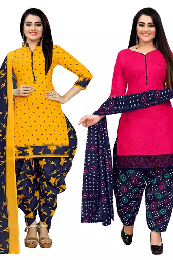 Multicolor cotton blend printed unstitched salwar suit material combo of 2