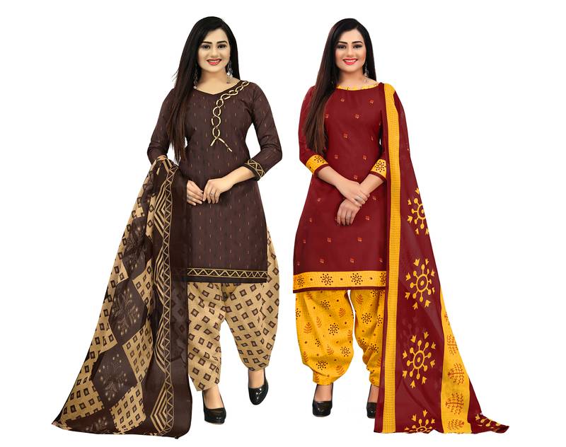 Multicolor cotton blend printed unstitched salwar suit material combo of 2