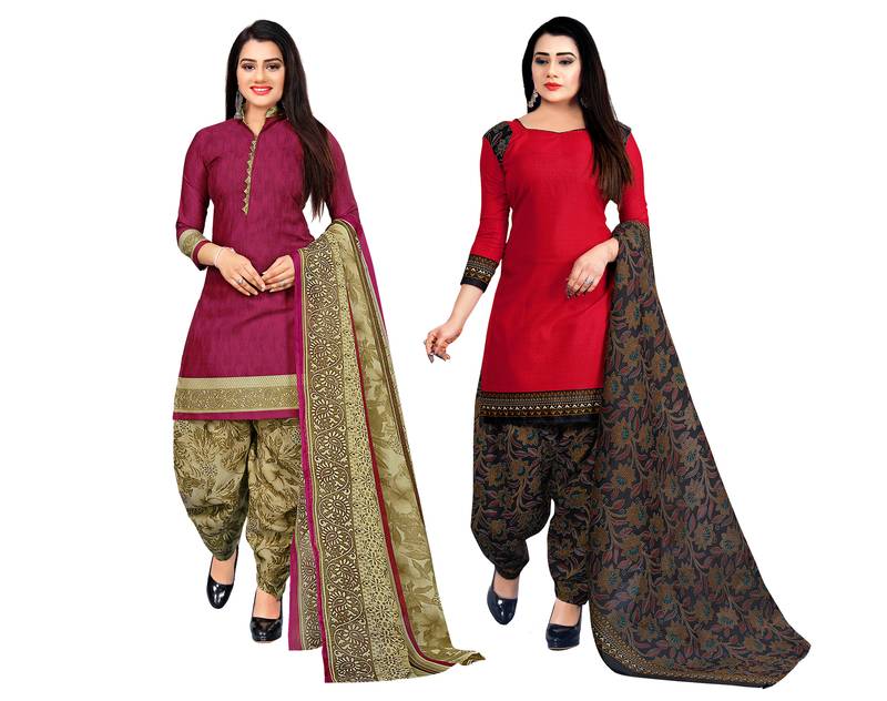 Multicolor cotton blend printed unstitched salwar suit material combo of 2