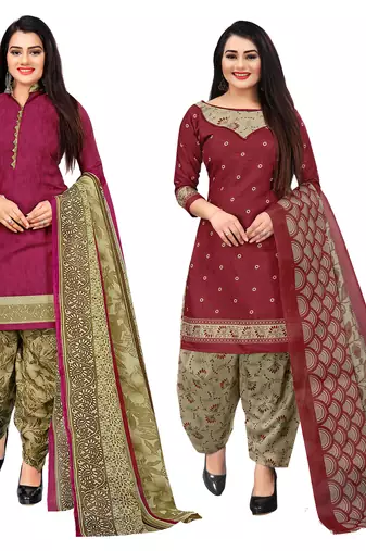 Multicolor cotton blend printed unstitched salwar suit material combo of 2