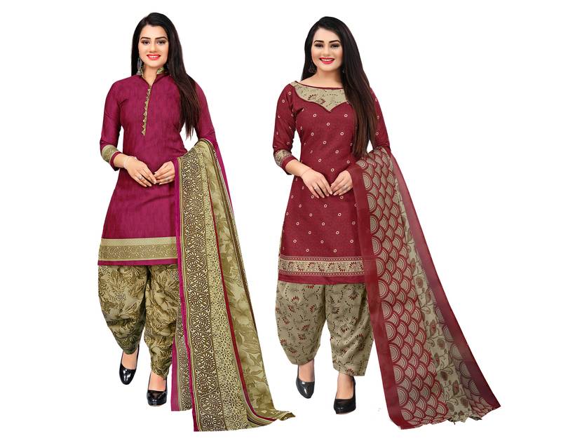 Multicolor cotton blend printed unstitched salwar suit material combo of 2