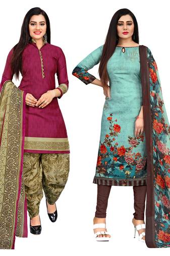 Multicolor cotton blend printed unstitched salwar suit material combo of 2