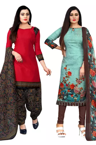 Multicolor cotton blend printed unstitched salwar suit material combo of 2