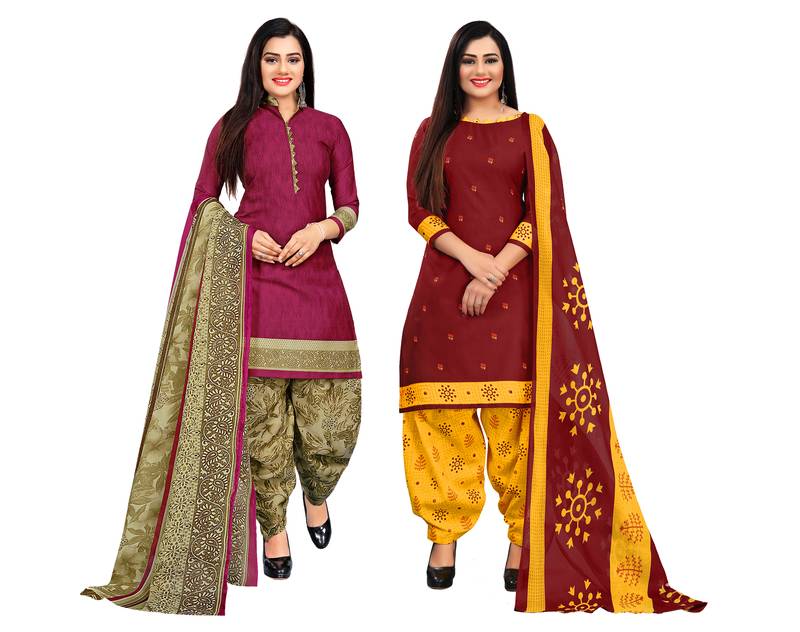 Multicolor cotton blend printed unstitched salwar suit material combo of 2