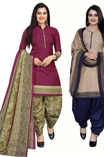 Multicolor cotton blend printed unstitched salwar suit material combo of 2
