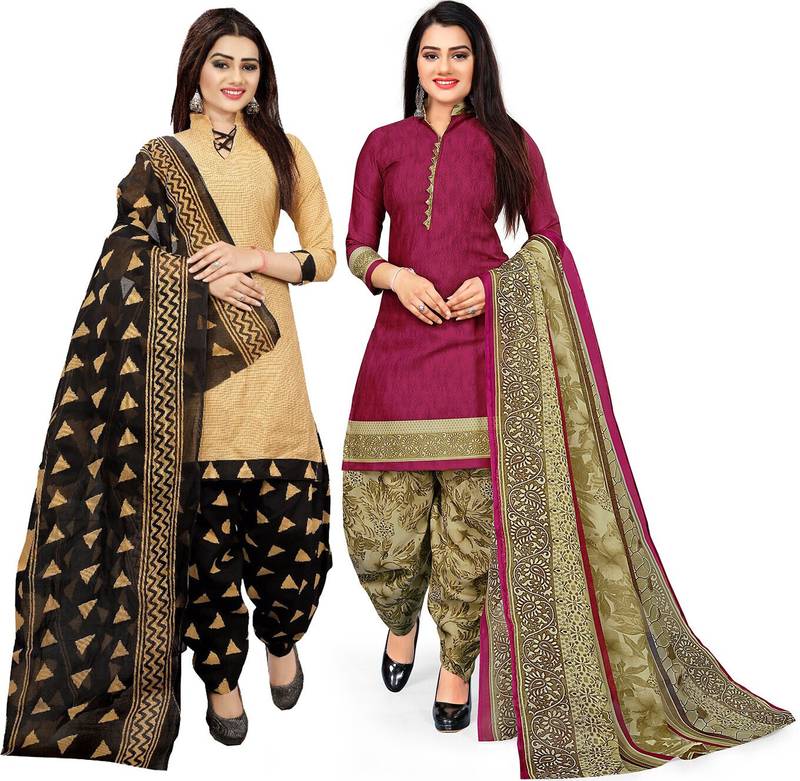 Multicolor cotton blend printed unstitched salwar suit material combo of 2
