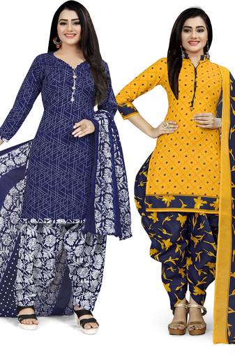 Multicolor cotton blend printed unstitched salwar suit material combo of 2