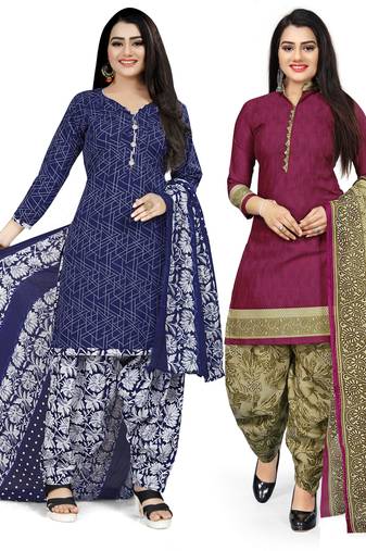 Multicolor cotton blend printed unstitched salwar suit material combo of 2